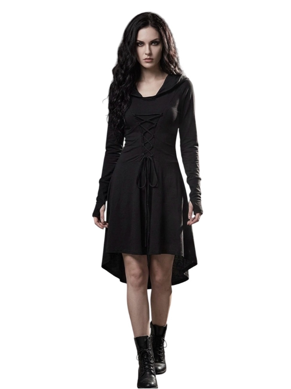 Black Hooded Gothic Lace-Up Dress Halloween Witch Goth L